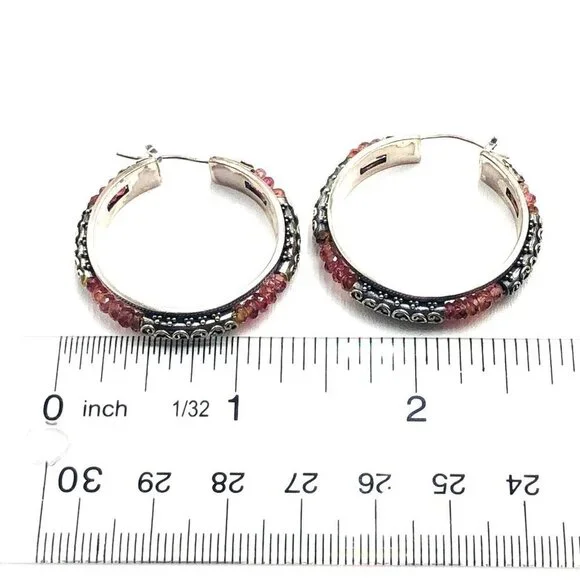 BIG Suarti BA Bali Large Pink Gemstone 1 Inch Sterling Silver Hoop Earrings